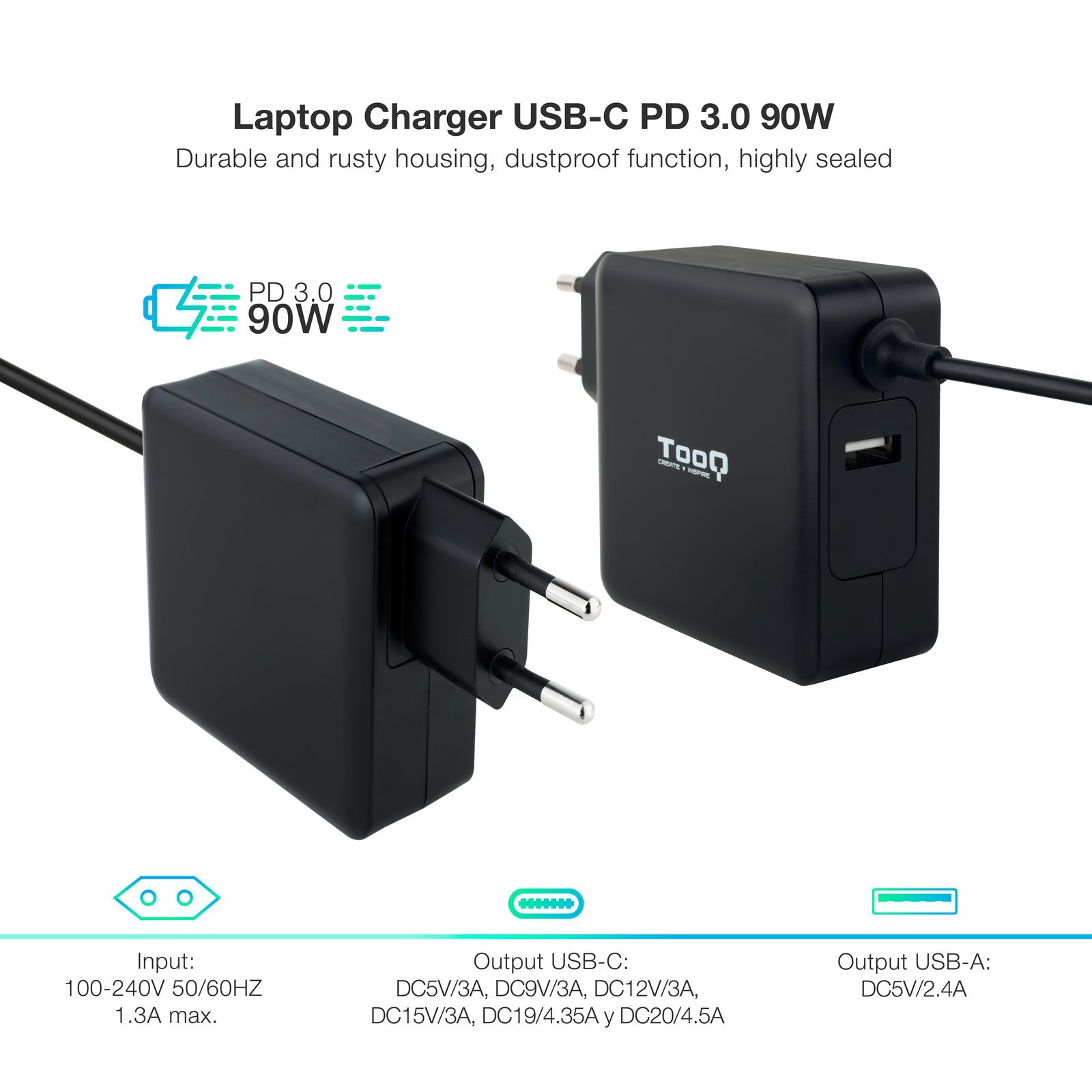 Tooq Cargador Universal Para Portatil 90w Usb-C - Compatible Con Pd - Cable De 1.80m