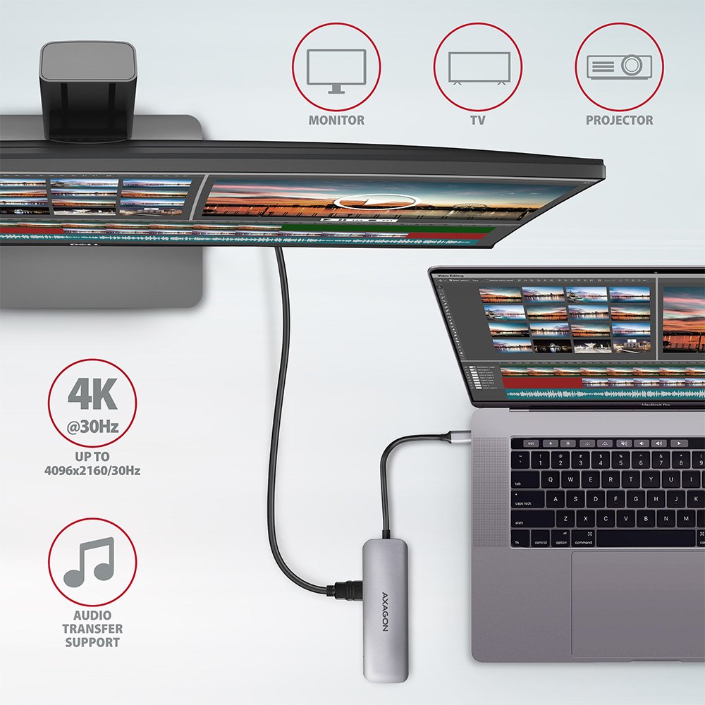 Axagon Hmc-5 Usb-C-Hub, 2x Usb-A, Hdmi, 2x Usb-C 3.2 Gen 1, 1x Sd, 1x Microsd, Plata