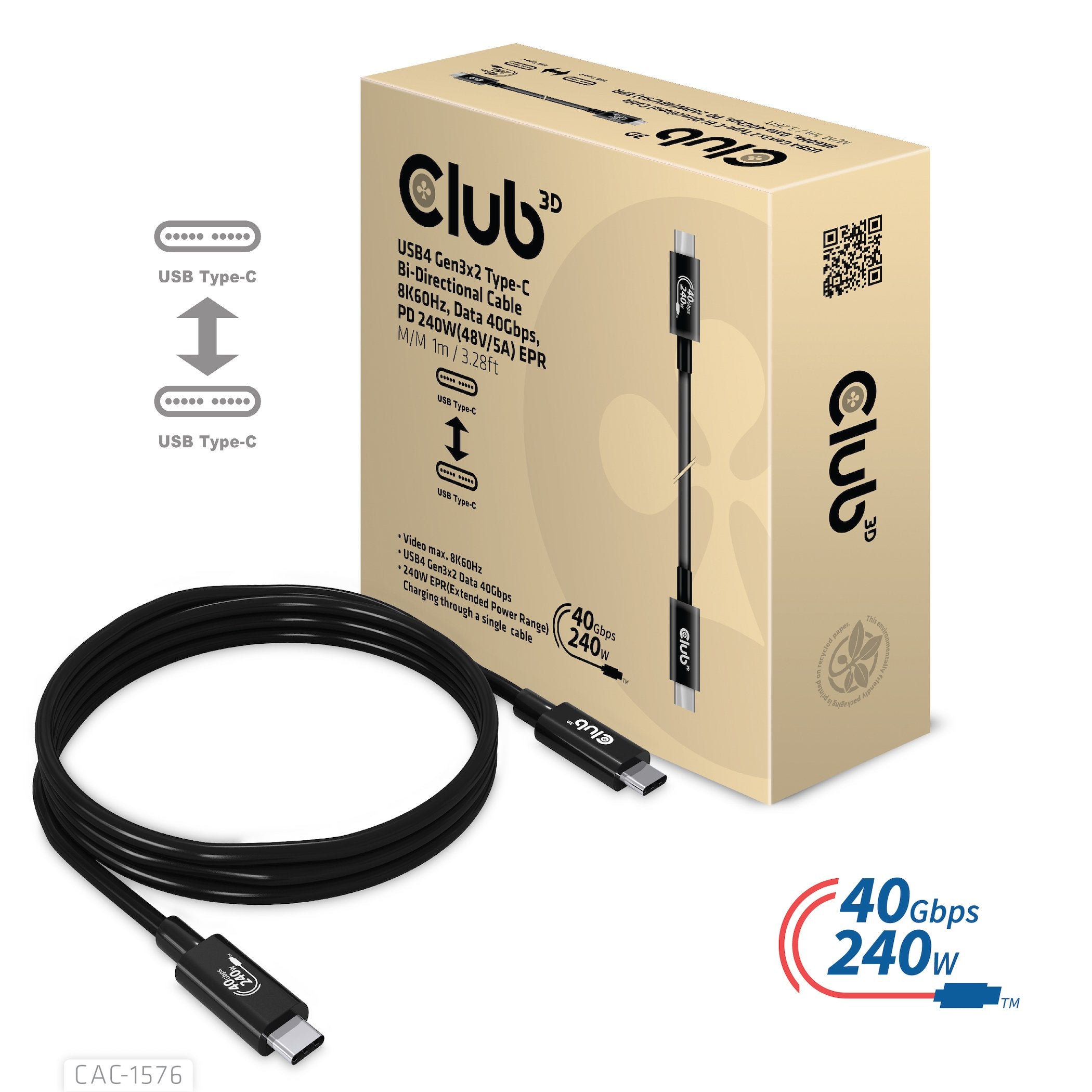 Club3d Cable Usb Tipo C  Pd 240w / 8k / 40gbps 1m M/M Retail