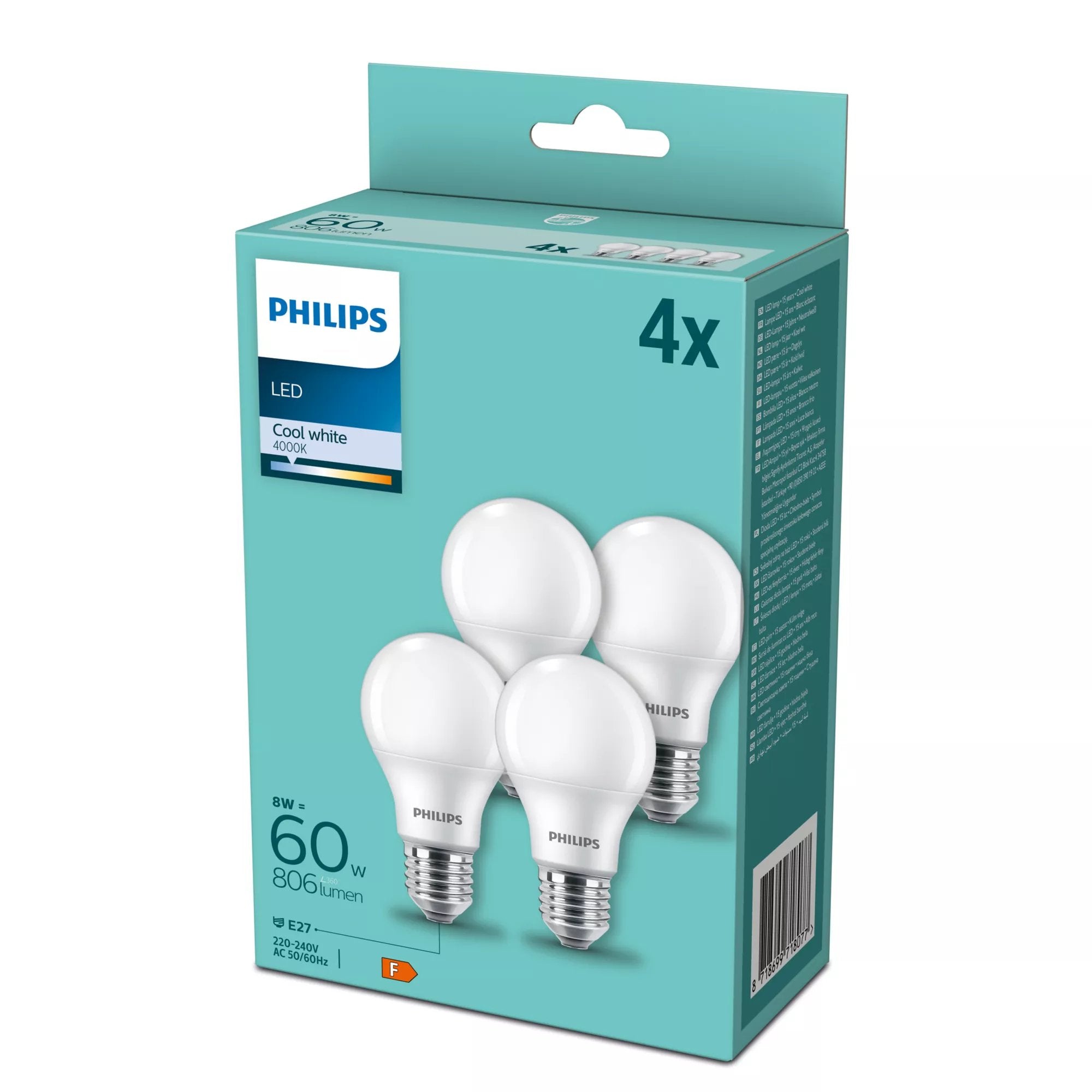 Philips Led Lamp E27 4-Pack 60w 4000k