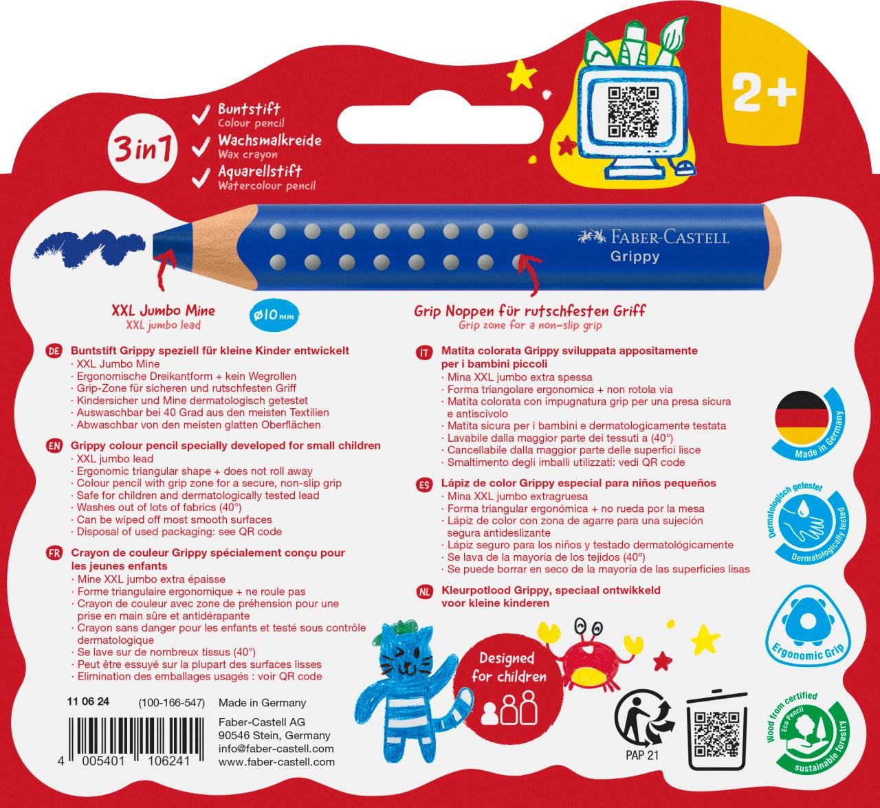 Faber-Castell Grippy Pack Con 10 Lapices De Colores Gruesos Mina Xxl Suave - Forma Triangular Con Grip - Colores