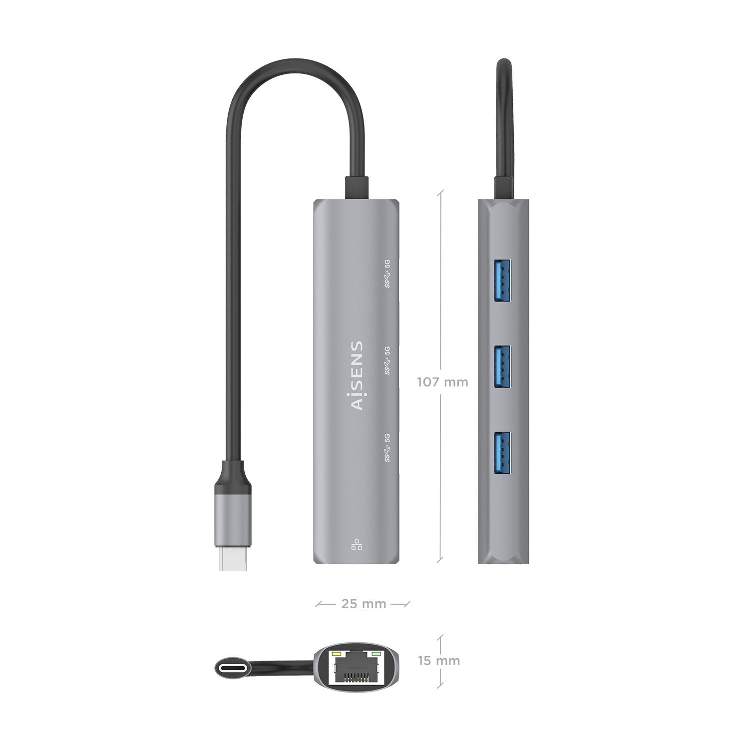 Aisens Dock Usb-C A Ethernet Gigabit + Hub 3xusb-A, Gris, 15cm