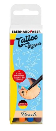 Eberhard Faber Tattoo Marker Beach Pack De 4 Rotuladores Para Tatuajes Temporales + 4 Plantillas Con Mas De 20 Motivos