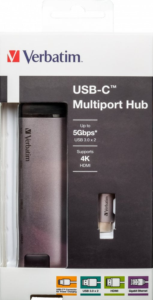 Verbatim 49141 Hub Multipuerto Usb-C, 2x Usb 3.0, 1x Usb-C, Hdmi, Lan, Estación De Acoplamiento Gris