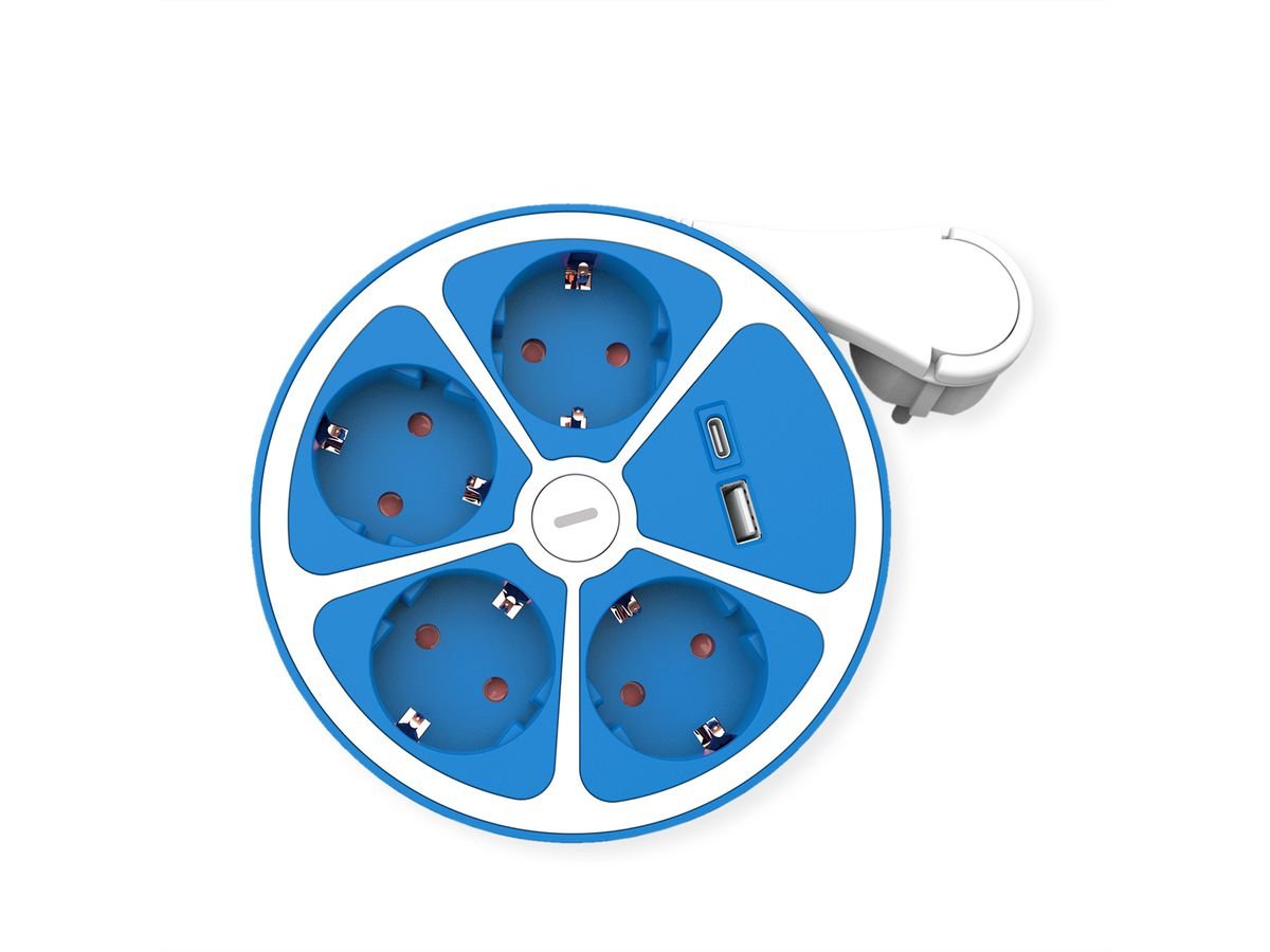 Roline 4-Fach Steckdosenleiste Mit Schalter, Rund, Usb-Charger A+C, Blau, 3 M