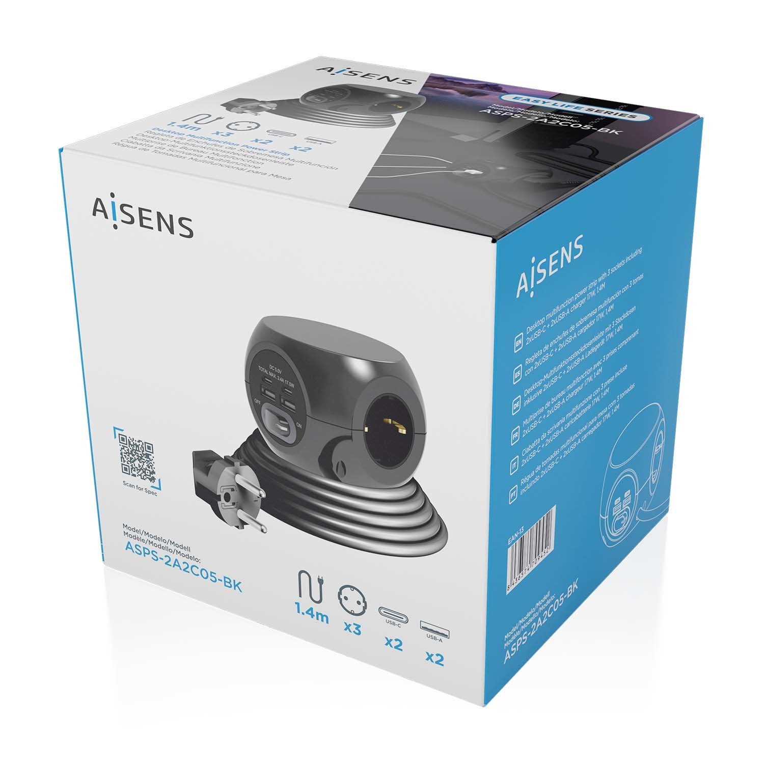 Aisens Regleta De Enchufes Sobremesa Multifuncion Con 3 Tomas + 2xusb-C, 2xusb-A, 1.4m, Negro