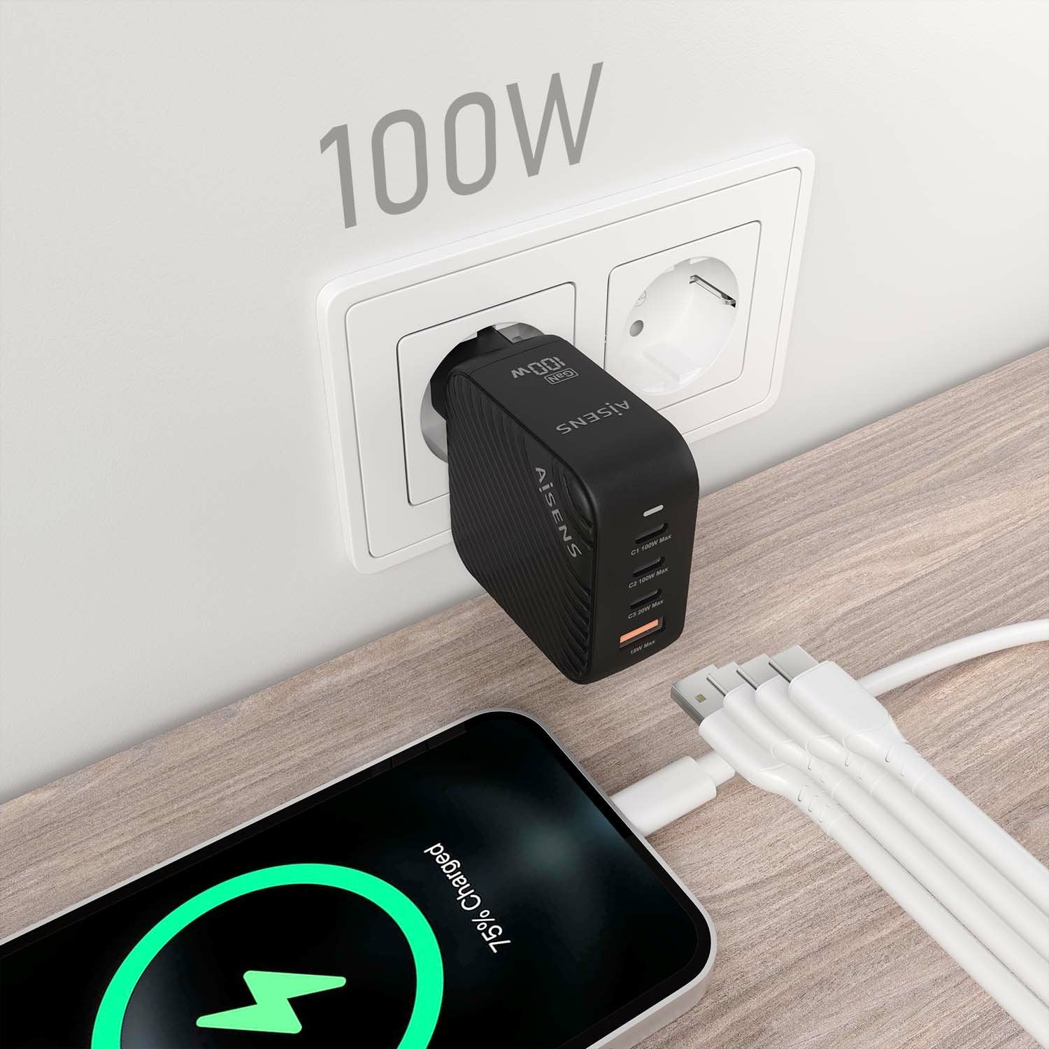 Aisens Cargador Gan 100w, 3xusb-C Pd3.0 Qc4.0, 1xusb-A Qc3.0, Negro