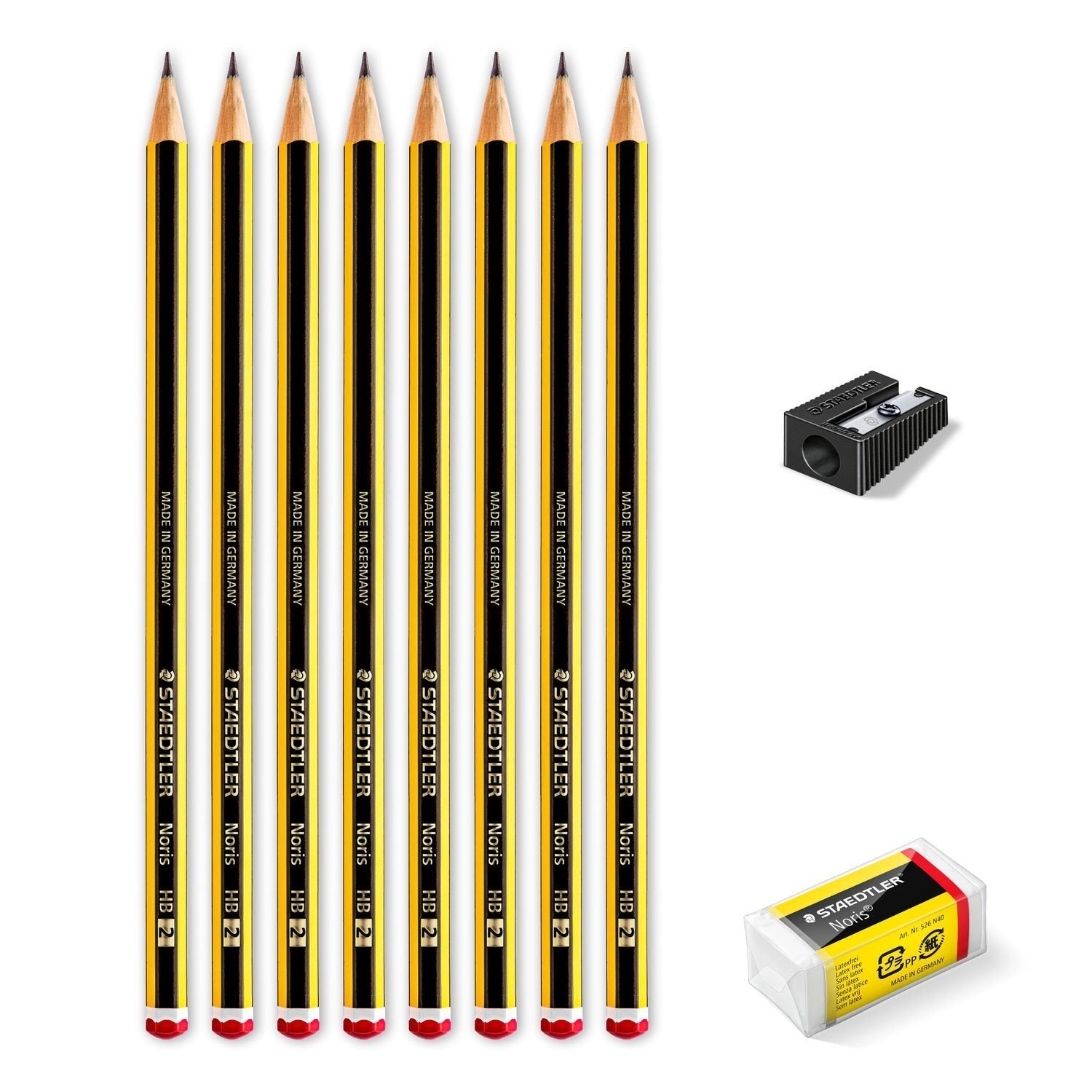 Staedtler Noris 120 Pack De 8 Lapices De Grafito Hexagonales + Goma De Borrar + Sacapuntas - Mina Hb Ultrarresistente De 2mm - Madera De Bosques Sostenibles