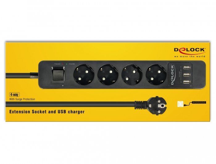 Regleta Delock De 4 Vías, 3x Usb Negro, Cable De 1,5 Metros, Protección Contra Sobretensiones, Con Interruptor 11209