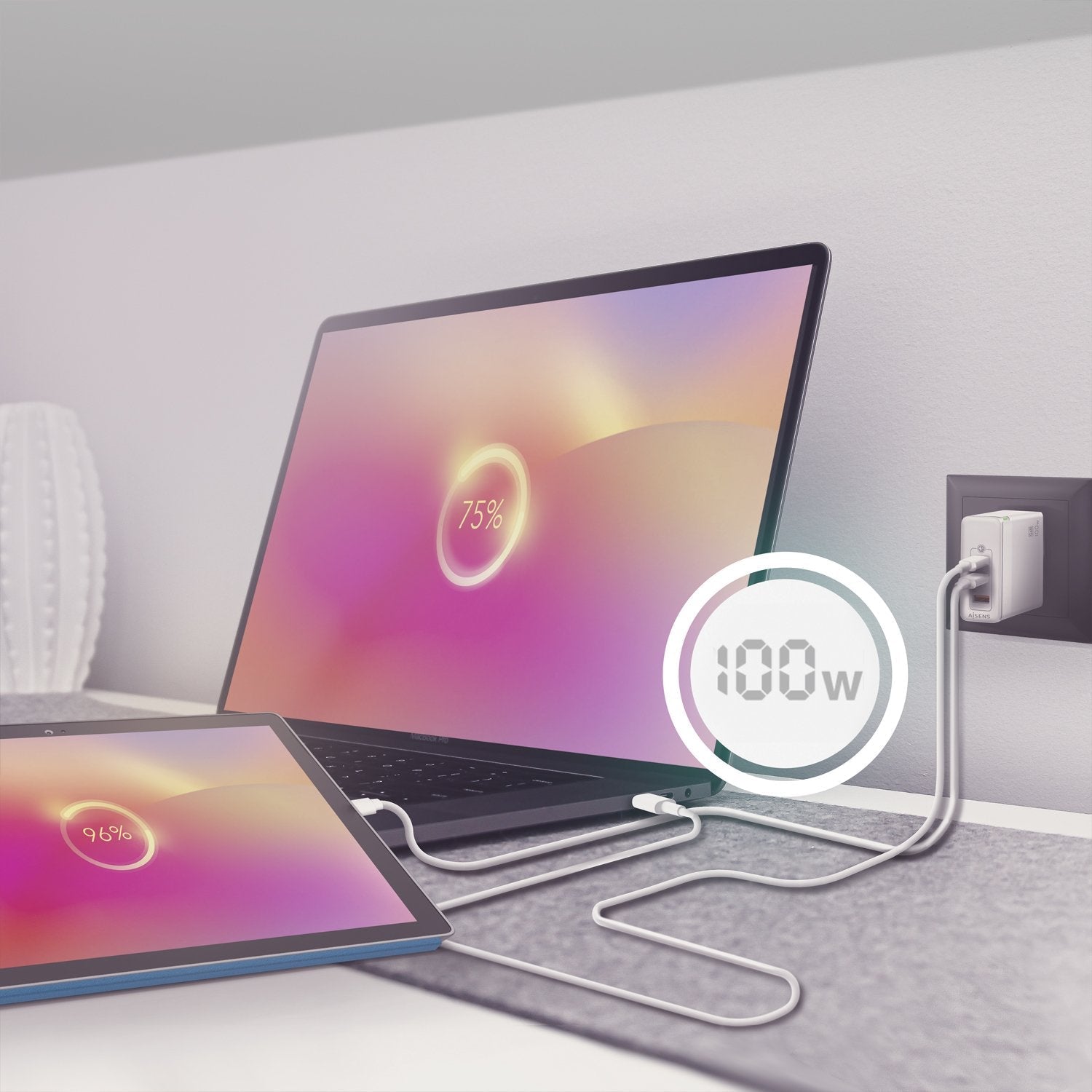 Aisens Cargador Gan 100w - 2xusb-C Pd3.0 Qc4.0 Qc5.0 - 1xusb-A Qc3.0 - Blanco