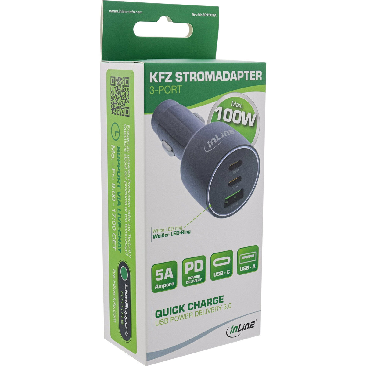 Inline Usb Car Power Adaptador Power Delivery, 2x Usb-C + Qc Usb-A, Black