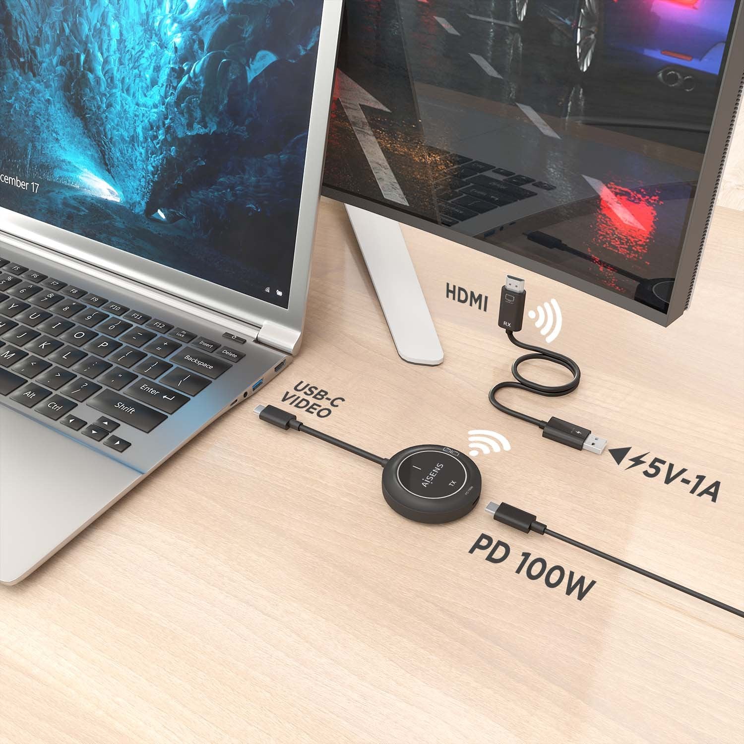 Aisens Usb-C A Hdmi Inalambrico 1080p 30m + Usb-C Pd 100w, Negro