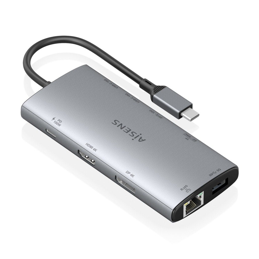 Aisens Usb-C Dock 10 En 1, Usb-C A 1xhdmi, 1xdisplayport, 1xrj45, 1xusb-A 10g, 1xusb-A 5g, 2xusb-C 10g, 1xusb-C Pd100w, 1xsd, 1xmicro Sd, Gris, 20cm