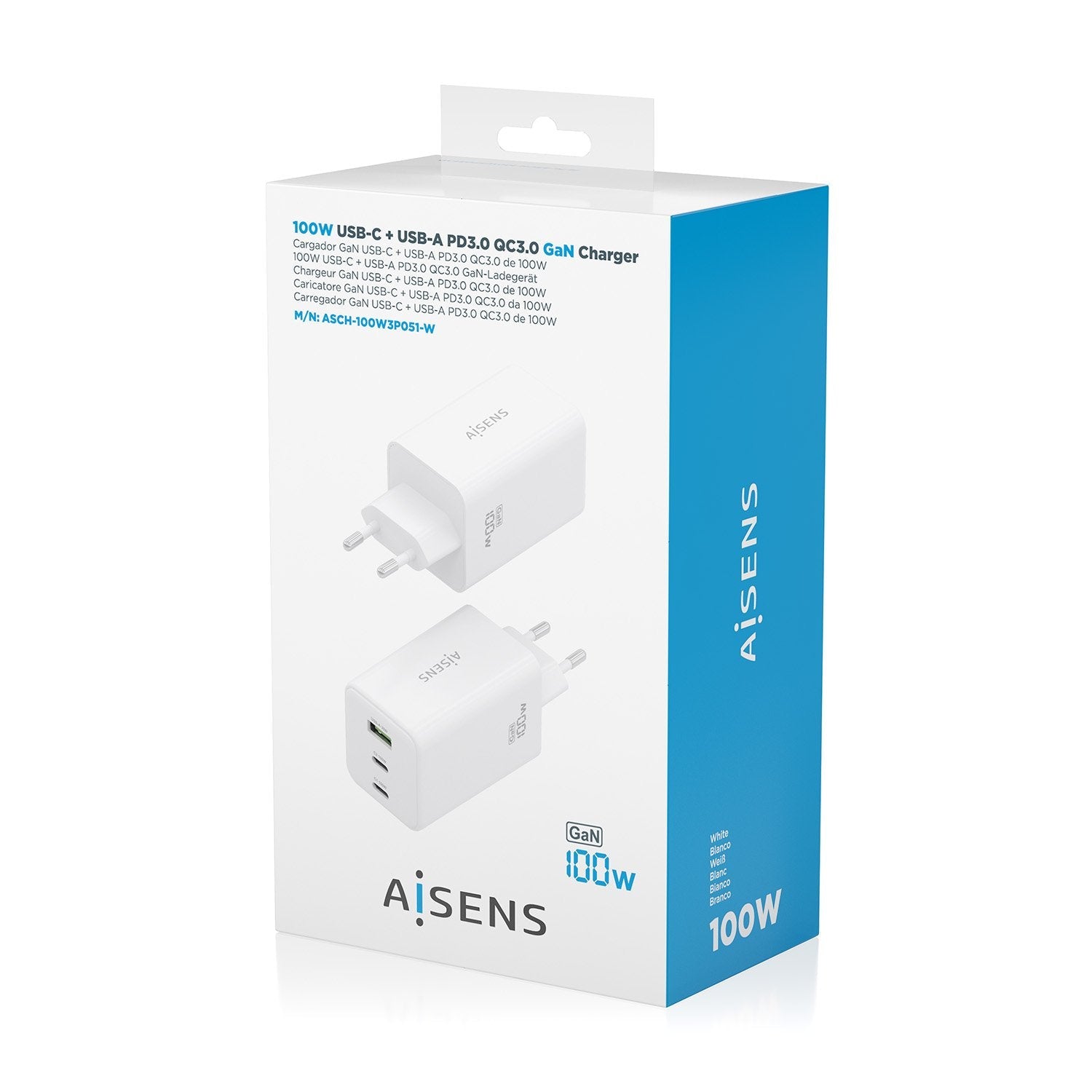 Aisens Cargador Gan 100w, 2xusb-C Pd3.0 Qc4.0 Qc5.0, 1xusb-A Qc3.0, Blanco