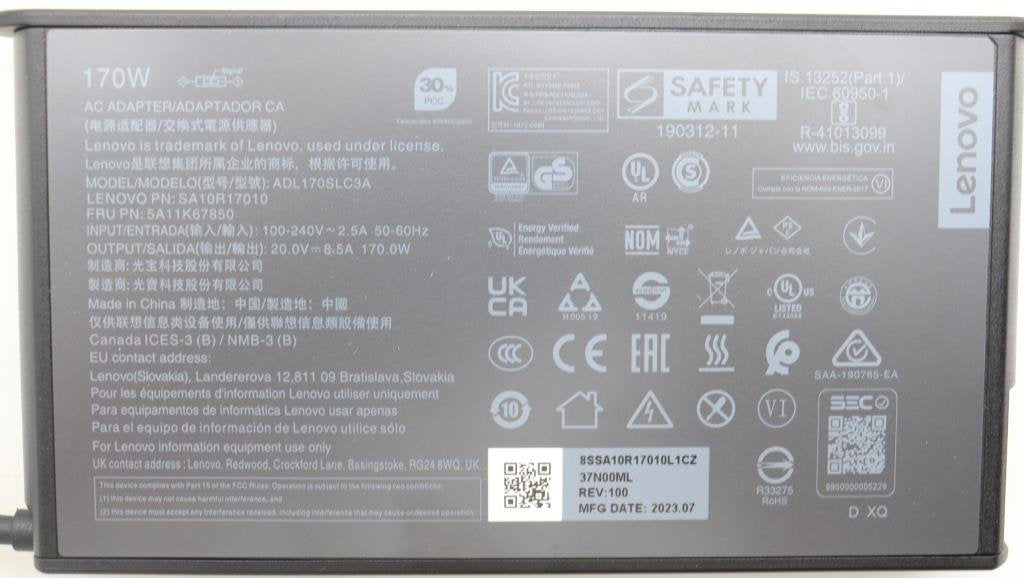 Lenovo Cargador 20v 8.5a 170w Con Cable Alimentación Para Lenovo Thinkpad  T440p 5a11k67850