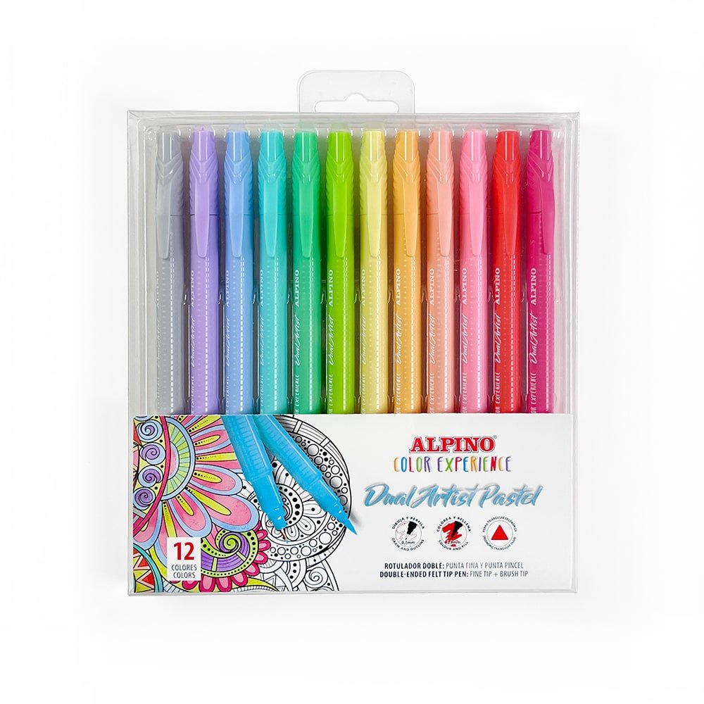 Alpino Color Experience Pack De 12 Rotuladores Pastel Doble Punta - Forma Triangular Ergonomica - Puntas Fine Liner De 0.7mm Y Pincel De 2.9mm - Colores Surtidos