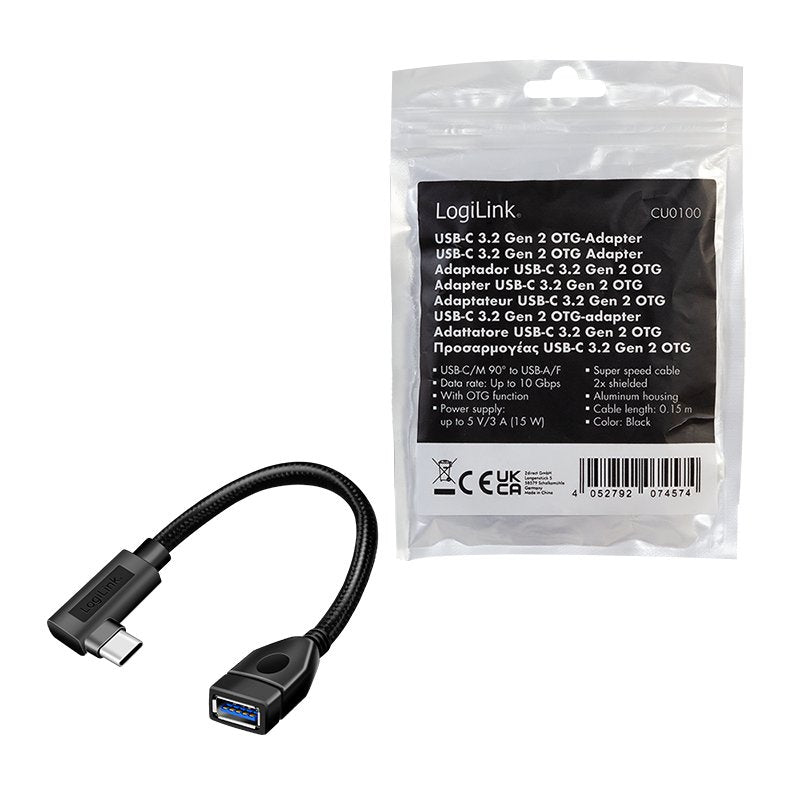 Adaptador Usb-C Macho 90º Acodado A Usb-A Hembra 15w  10gb/S Otg Cable De 0.20m Negro Logilink Bulk