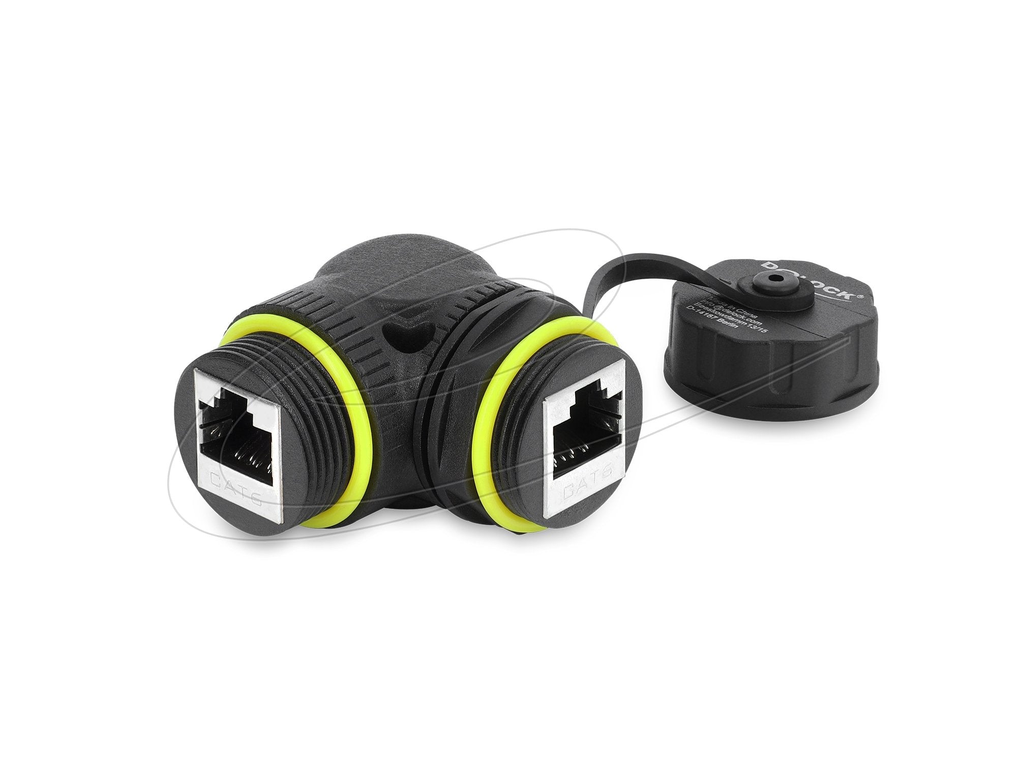 Delock Cableverbinder Rj45 Buchse Zu Rj45 Buchse Cat.6 Mit M23 X 1,5 Mm Gewinde Und Verschlusskappe 90° Gewinkelt Ip68 Schwarz
