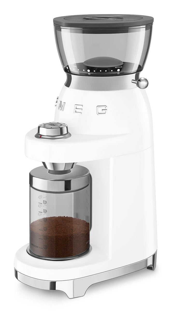 Molinillo De Café Smeg Cgf03wheu, 15 Grados De Molienda, Depósito De 240 G, 150 W, Blanco.