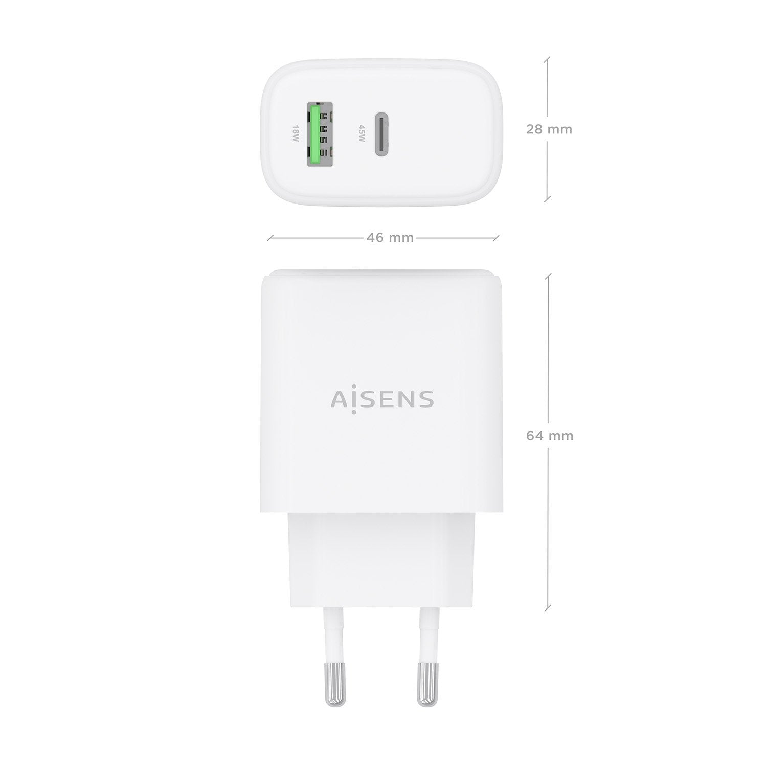 Aisens Cargador Gan 45w, 1xusb-C Pd3.0 Qc4.0, 1xusb-A Qc3.0, Blanco