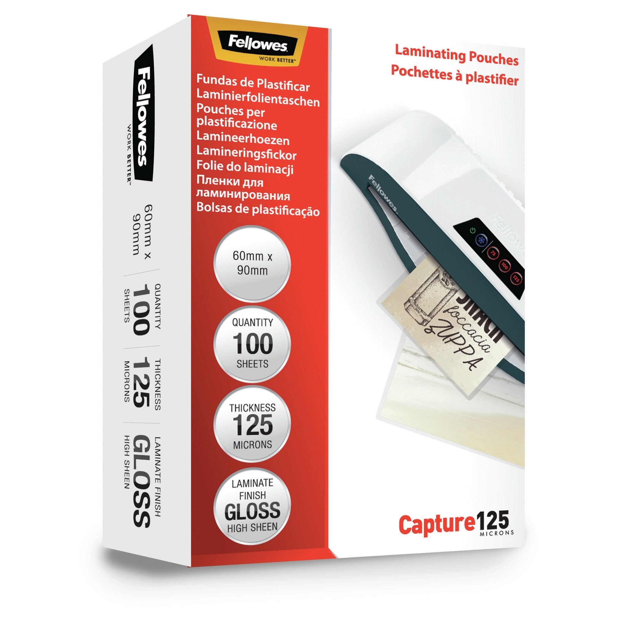 Fellowes Pack De 100 Fundas Para Plastificar Brillo Para Tarjetas 60 X 90mm - 125 Micras - Alta Calidad - Transparente