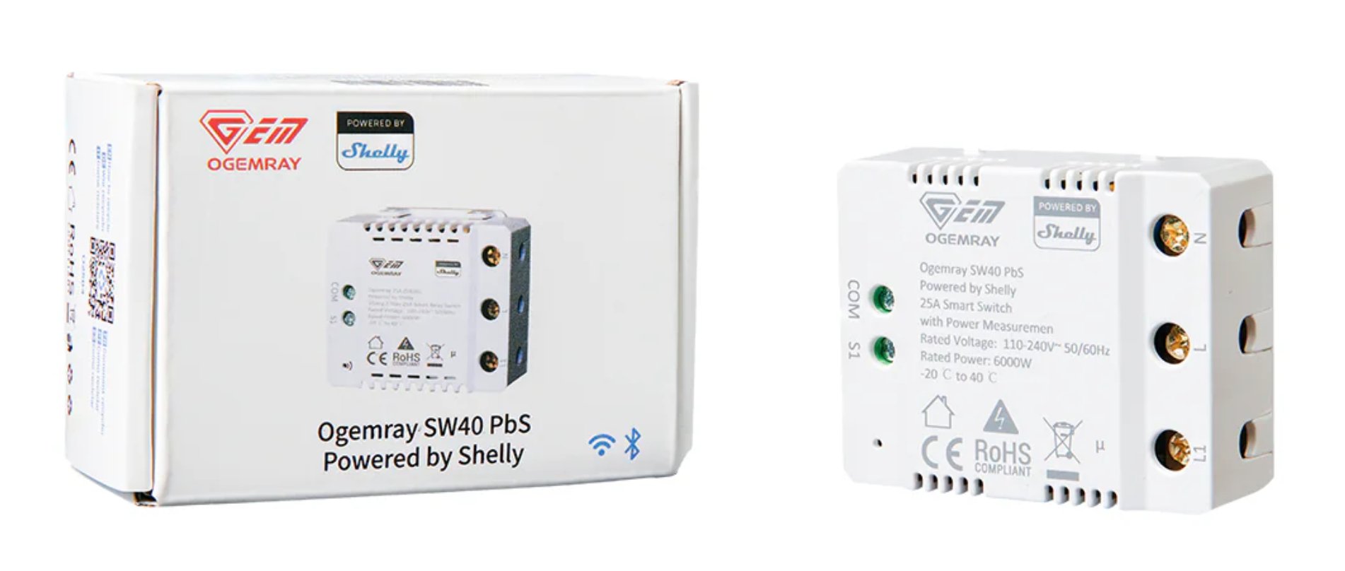 Shelly Pbs · \"Ogemray Smart Relay 25a\" · Grossgeräte Relais · Max. 25a · Messfunktion · Wlan · Lan · Bt · Sw40-25a-Relay-Pbs