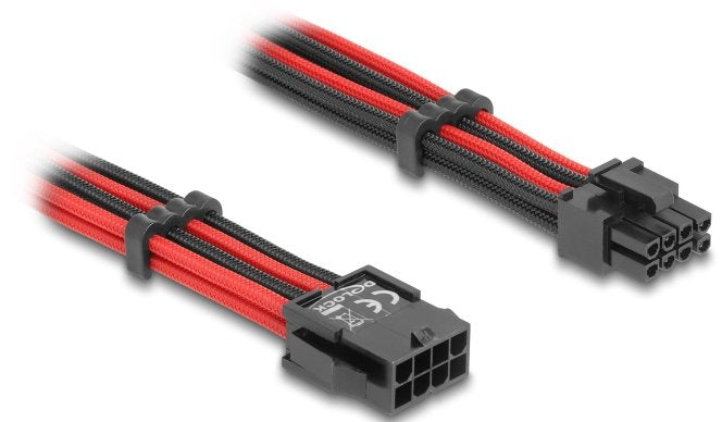 Delock Verlängerungscable 8 Pin Stecker Zu 6 + 2 Pin Pcie Buchse Textilummantelung Rot-Schwarz 30 Cm
