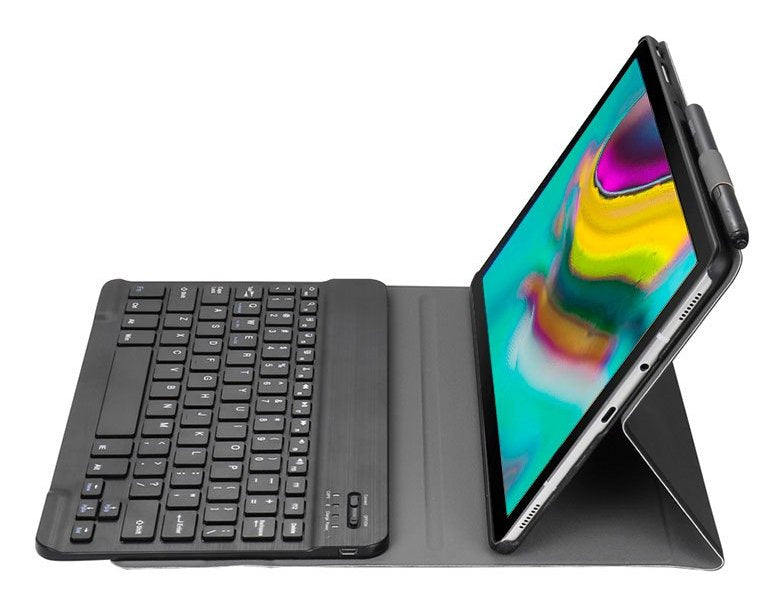 Funda Flip Polipiel + Teclado Bluetooth (Español). 
Funda Con Teclado Bluetooth Para Samsung Galaxy Tab S5e T720/T725, Con Cubierta Plegable, Cierre Magnético Y Suave Interior Para Proteger La Pantalla. La Funda Está Real