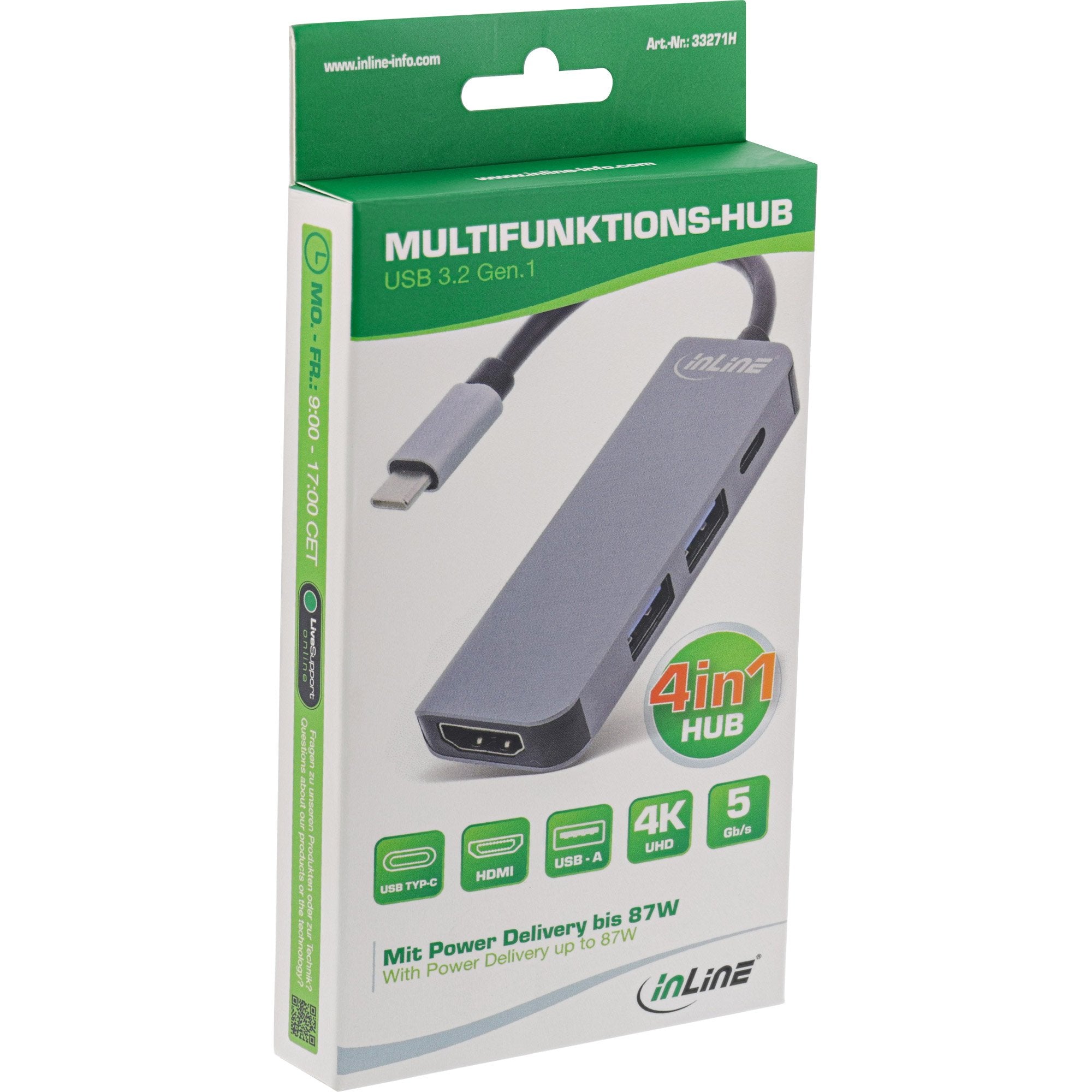 Hub Inline Usb 3.2 Gen.1, 2x Usb-A 5gbps + Hdmi 4k/30hz + Usb Type-C Pd 87w, Aluminio, Gris