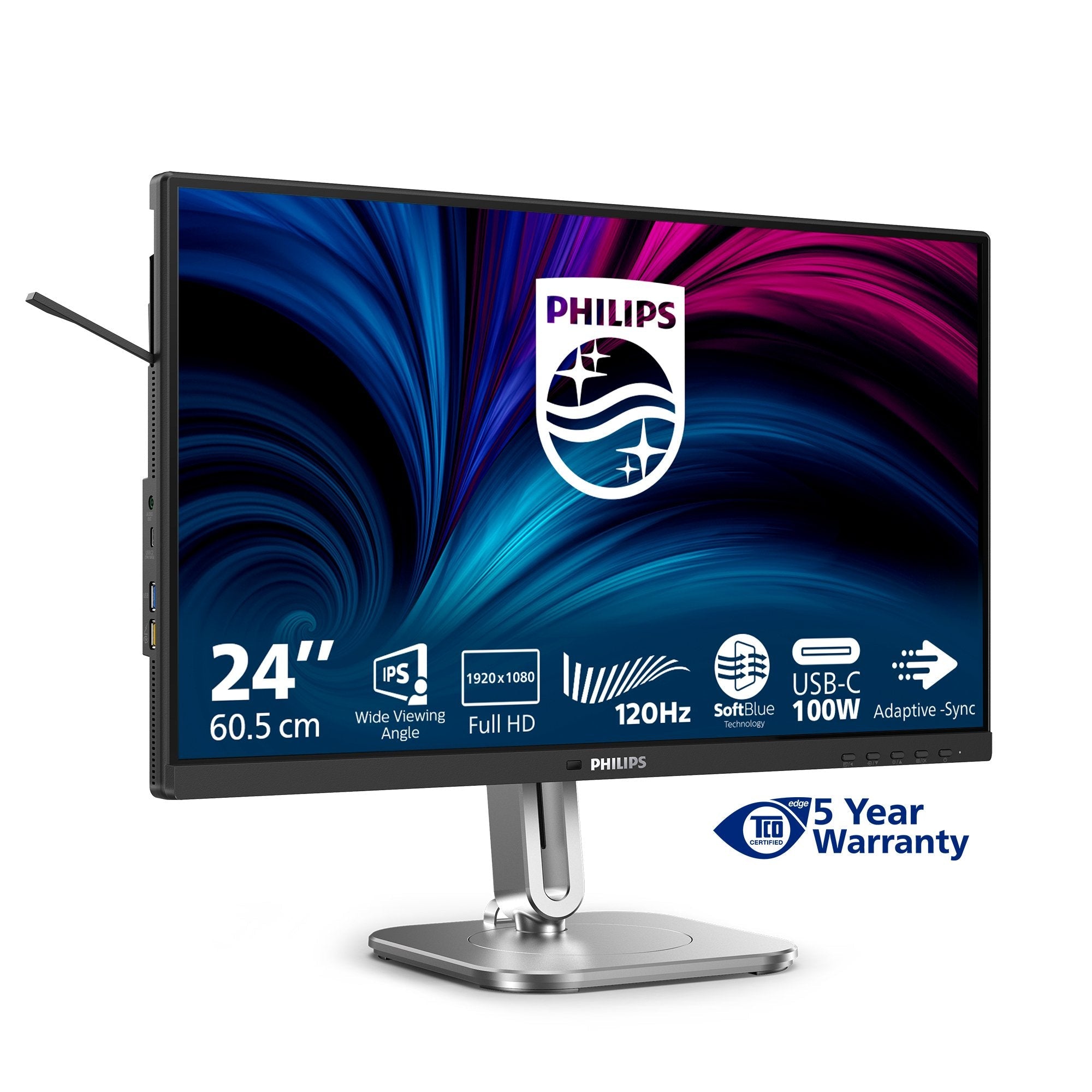 Philips 24b2u4301 4000 Series Monitor Led 24" (23.8" Visible) 1920 X 1080 Full Hd (1080p) @ 120 Hz Ips 300 Cd/M² 1500:1 4 Ms Hdmi Displayport Usb-C Altavoces Plata Carbón