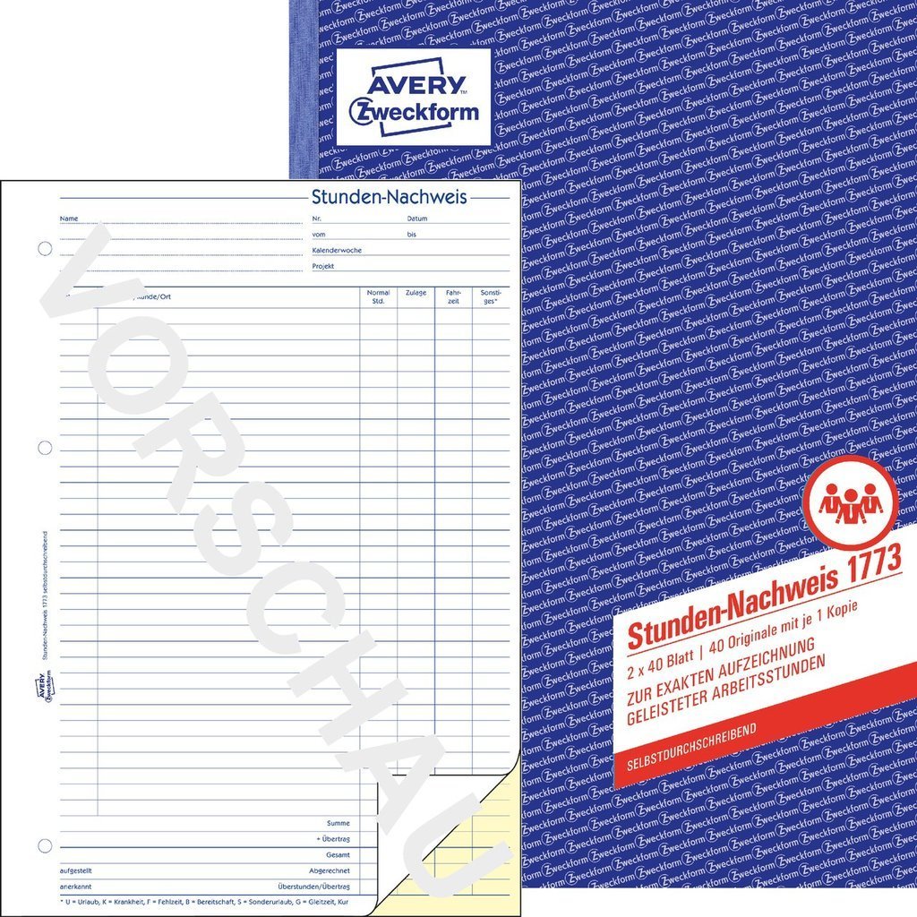 Avery Zweckform Formular Para Stundenerfassung - 40 Hoja - A4 (210 X 297 Mm)