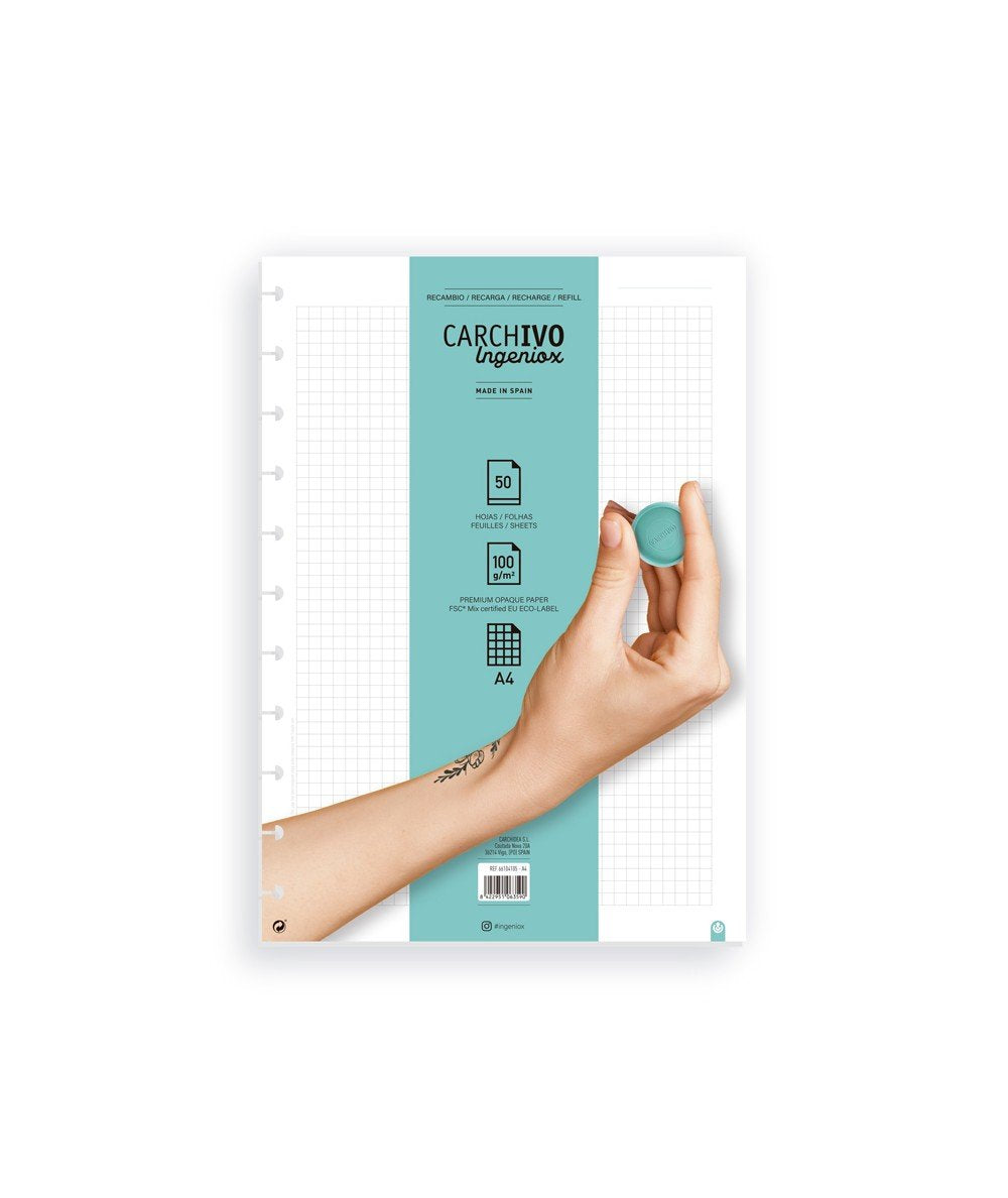 Carchivo Recambio Cuaderno Ingeniox A4 50 Hojas Extraíbles 100gr Cuadrícula 5x5