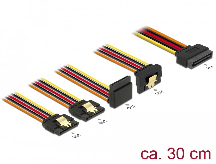 Delock Cable Sata 15 Pin Strom Stecker Mit Einrastfunktion > Sata 15 Pin Strom Buchse 2 X Gerade   1 X Unten   1 X Oben 30 Cm