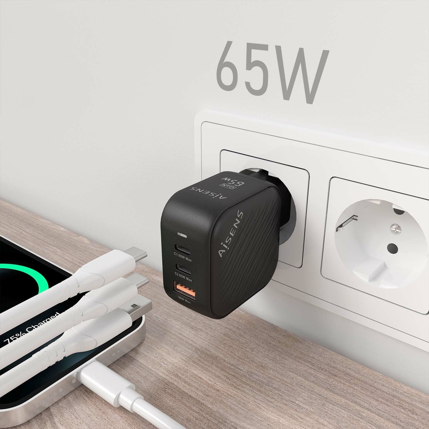 Aisens Cargador Gan 65w - 2xusb-C Pd3.0 Qc4.0 - 1xusb-A Qc3.0 Negro