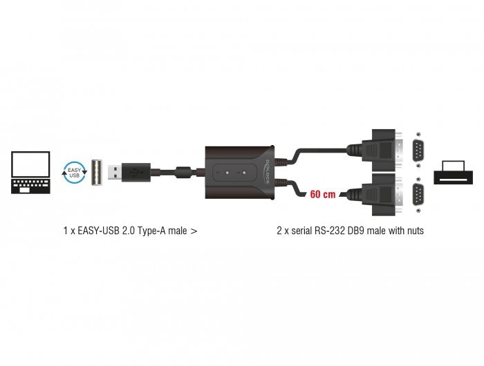 Cable De Adaptador Delock Easy-Usb 2.0, Conector Usb-A> 2x En Serie Rs-232 Rs-232, Black Cable, 0.6 Metros 63950