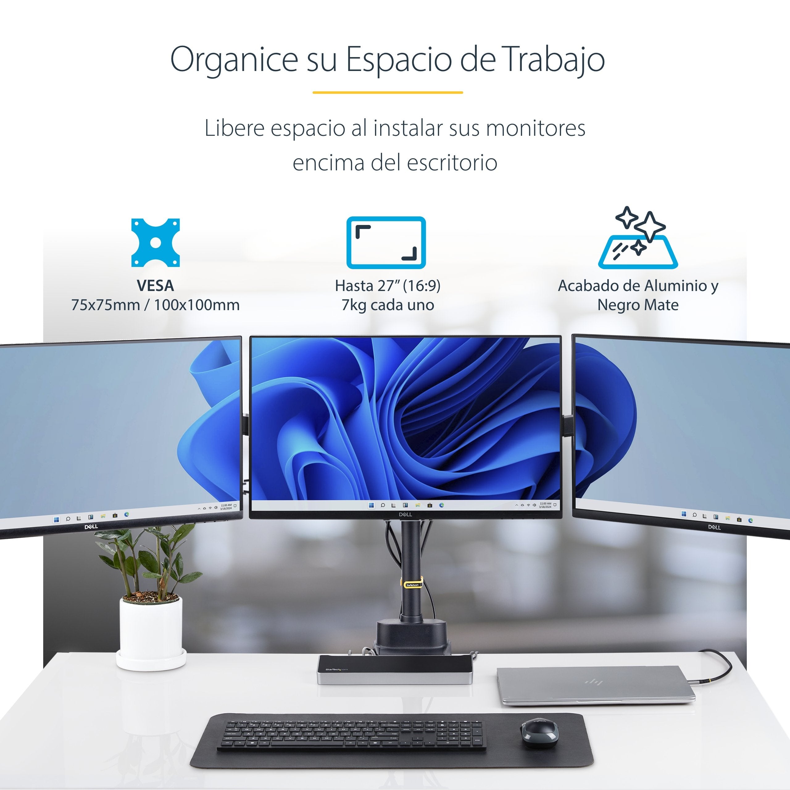 Startech.Com Triple Monitor Desk Mount For Up To Three 27in Screens, Vesa 75x75/100x100, Tool-Less Arm Adjustments, C-Cl