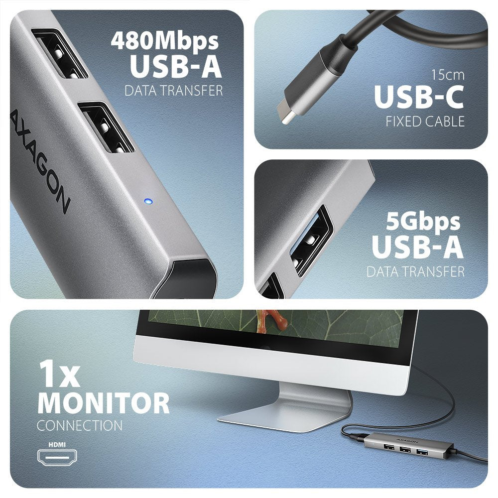 Hmc-H3a Wieloportowy Hub Usb 4in1, 5gbps, 3x Usb-A (2x Usb2.0, 1x Usb3.0) + Hdmi 4k/30hz, Metal, 15cm Usb-C Kabel