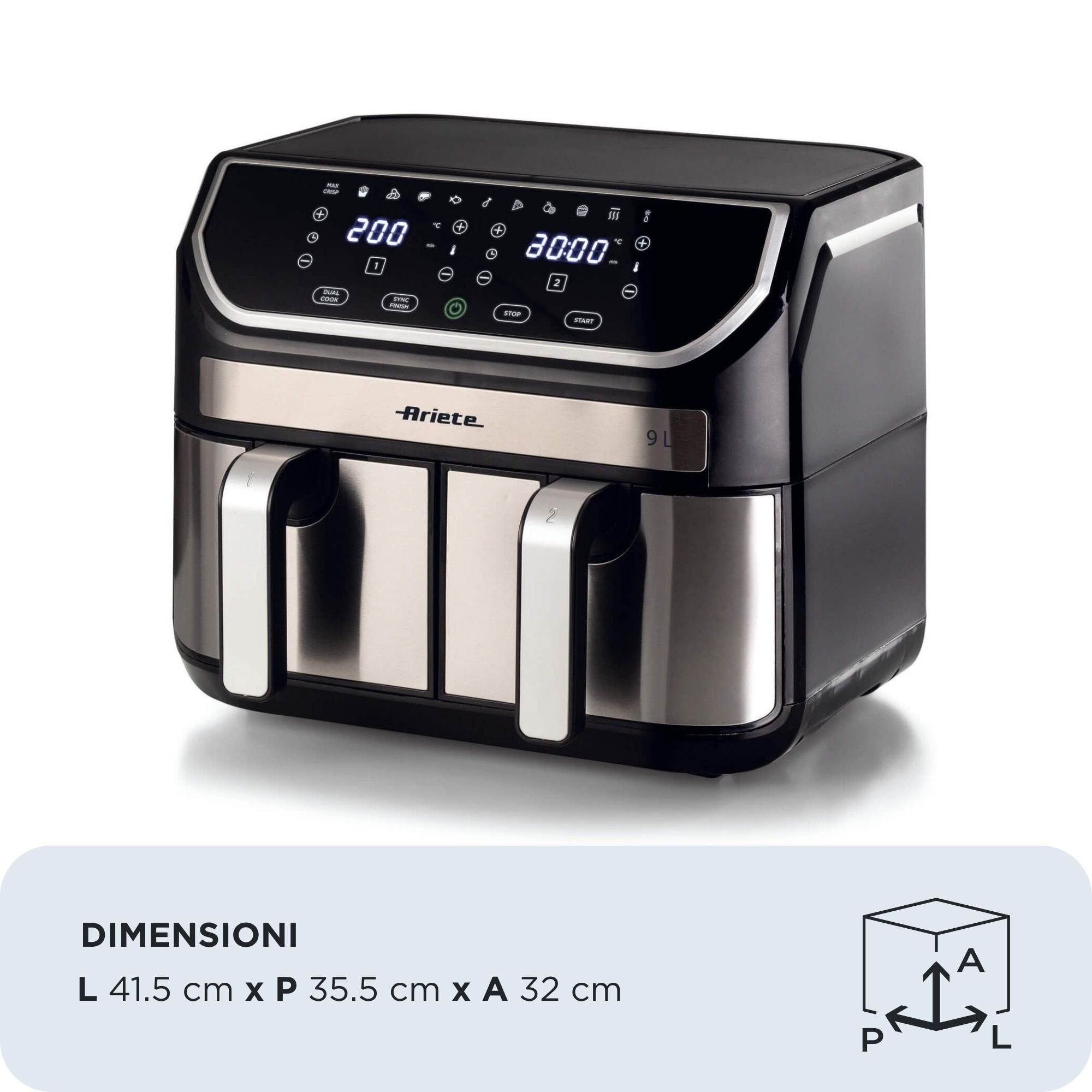 EAN 8003705121386 - Ariete 4625/00 Doble 9 L Independiente 2100 W Freidora de aire caliente Negro, Acero inoxidable imagen 2