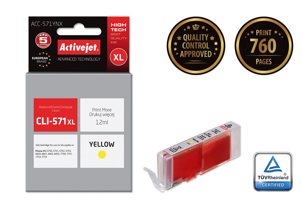 Tinta Activejet Acc-571ynx (Reemplazo Canon Cli-571y Xl - Supreme - 12 Ml - Amarillo)