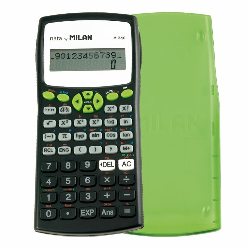 Milan M240 Calculadora Cientifica 10+2 Digitos - Pantalla De 2 Lineas - 240 Funciones Integradas Incluyendo 124 Cientificas - Carcasa Protectora Verde - Color Negro