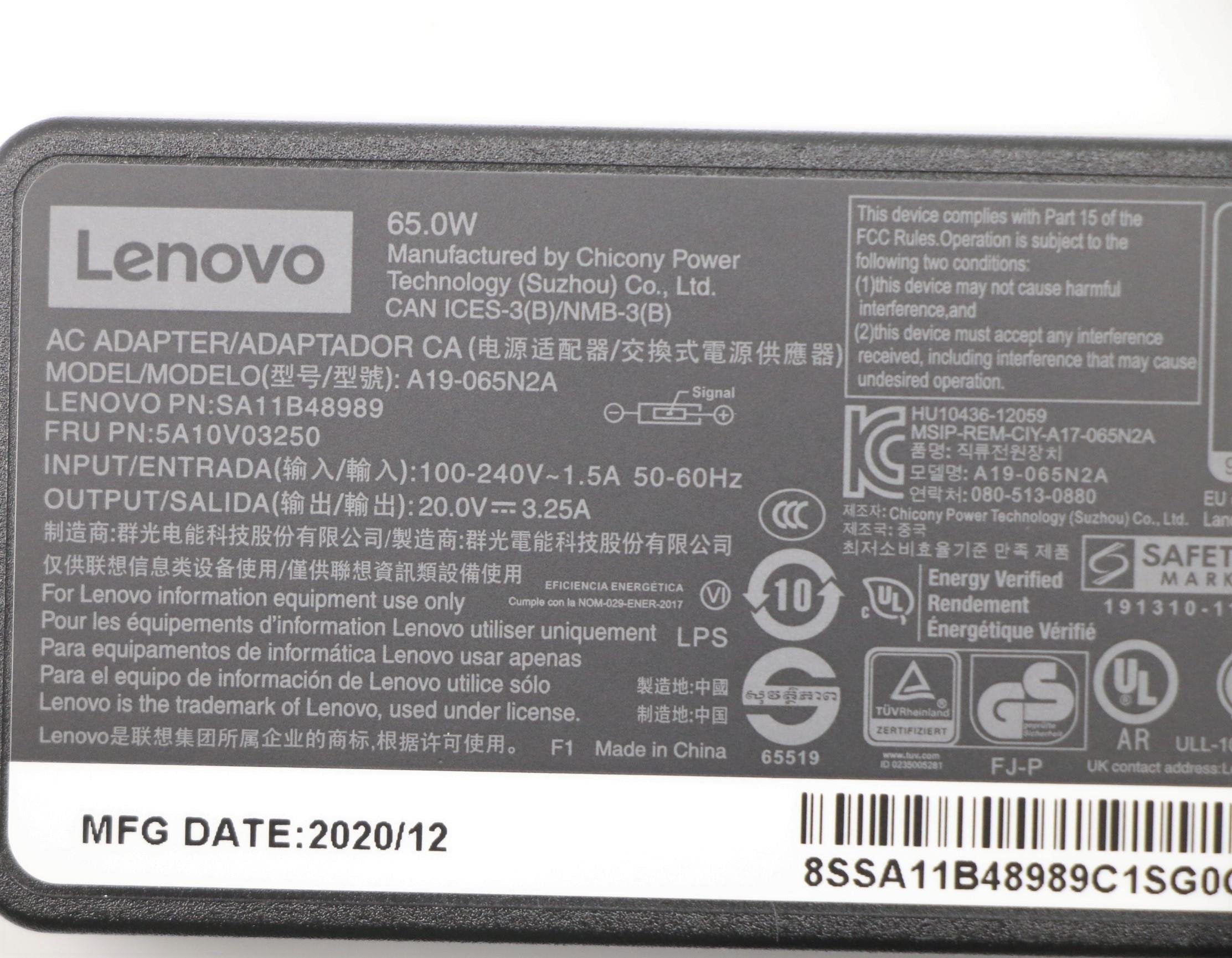 Lenovo Cargador 20v 3.25a 65w Con Cable Alimentación Para Lenovo Yoga 13 5a10v03250