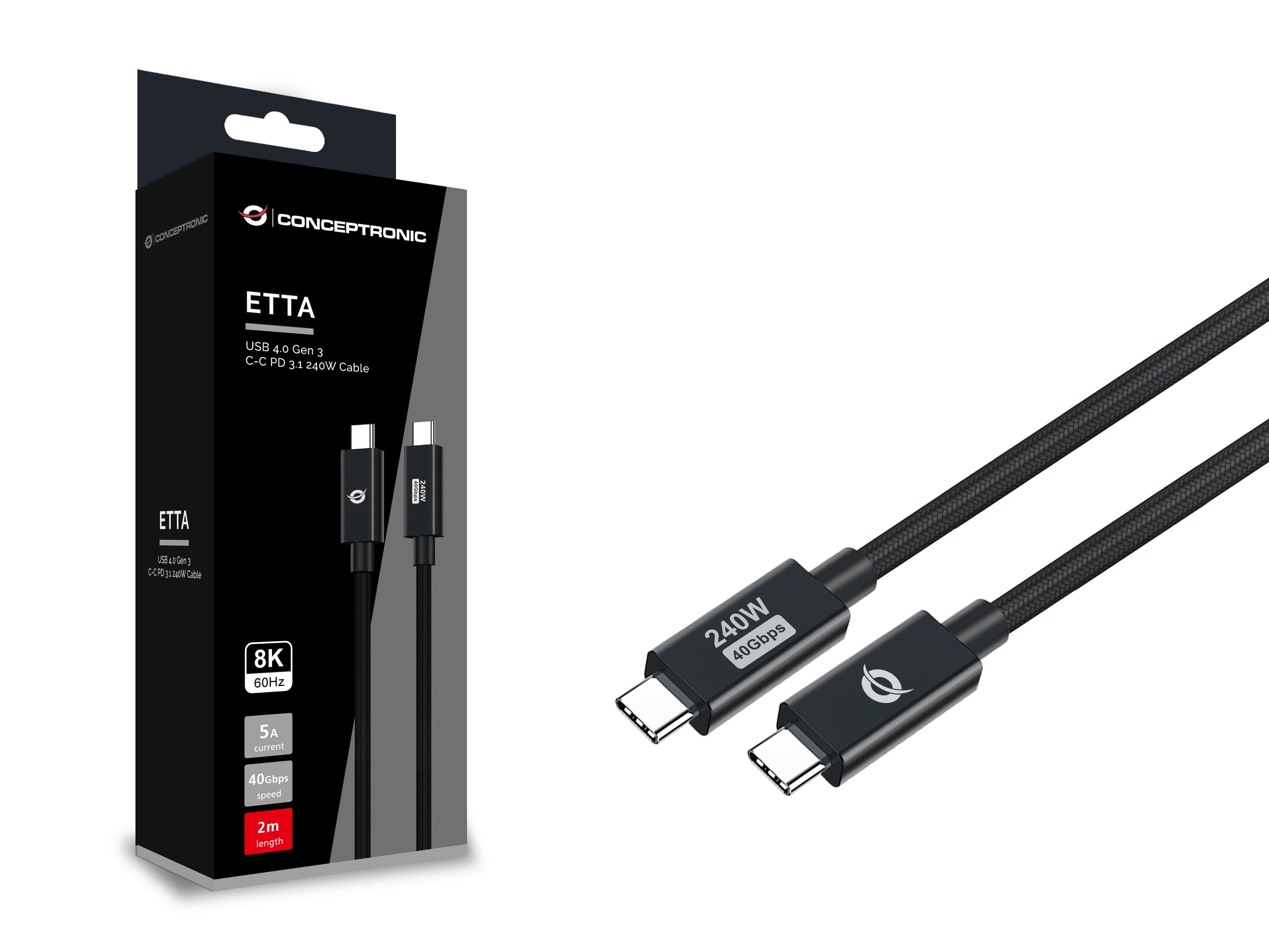 Cable Usb-C Macho A Usb-C Macho 2m Conceptronic Usb 4.0 Gen 3 240w 48v 5a 40gbps E-Mark