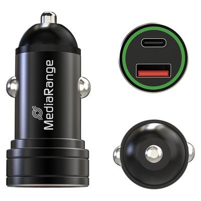 Mediarange Kfz-Ladegerät 1xusb-A U.1xusb-C Negro Alu-Gehäuse