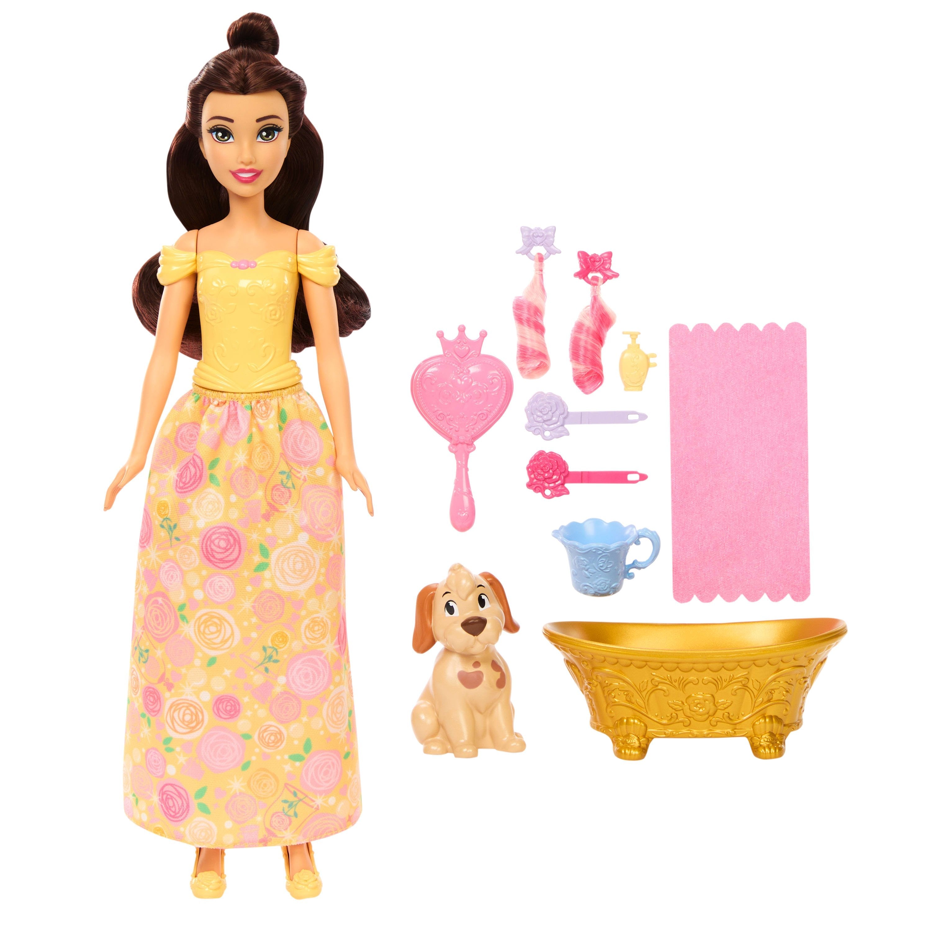 Mattel Disney Prinzessin Baden Und Bürsten Belle-Modepuppe Mit Hündchen (Mit Farbwechseleffekt Und Zubehör) Jfc42