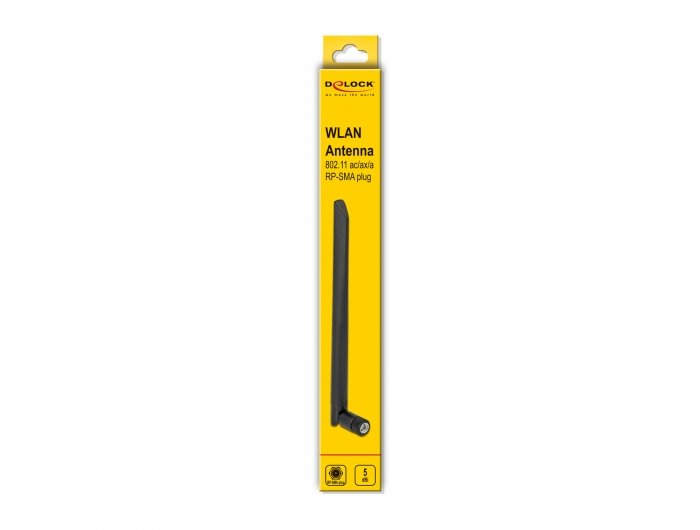 Delock Wlan 802.11 Ac/Ax/A Antena Rp-Sma Macho 5 Dbi 20 Cm Omnidireccional Con Articulación Basculante Y Material Flexible Negro
