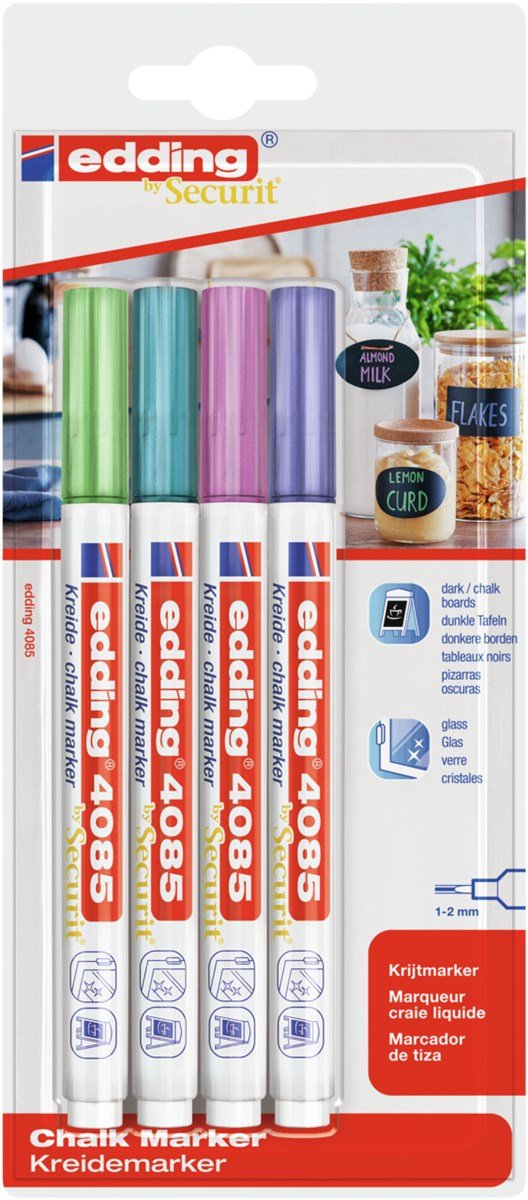 Edding 4085 Metalicos Pack De 4 Rotuladores De Tiza Liquida - Punta Redonda - Trazo 1-3mm - Olor Neutro - Colores Azul,
