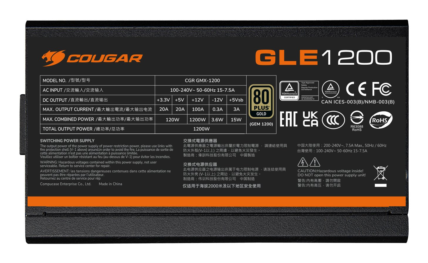 Cougar Netzteil Gle 1000w Atx3.1 80 Plus Gold