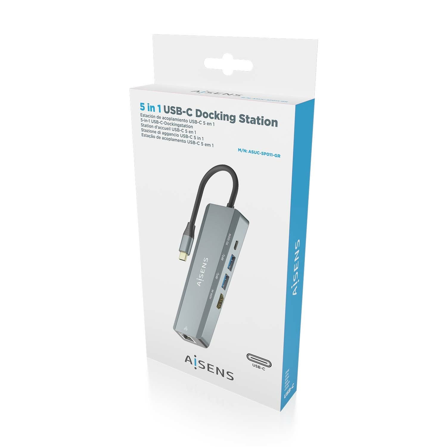 Aisens Usb-C Dock 5 En 1 - Usb-C A 1xhdmi - 1xrj45 - 2xusb - 1xpd - 15cm - Gris