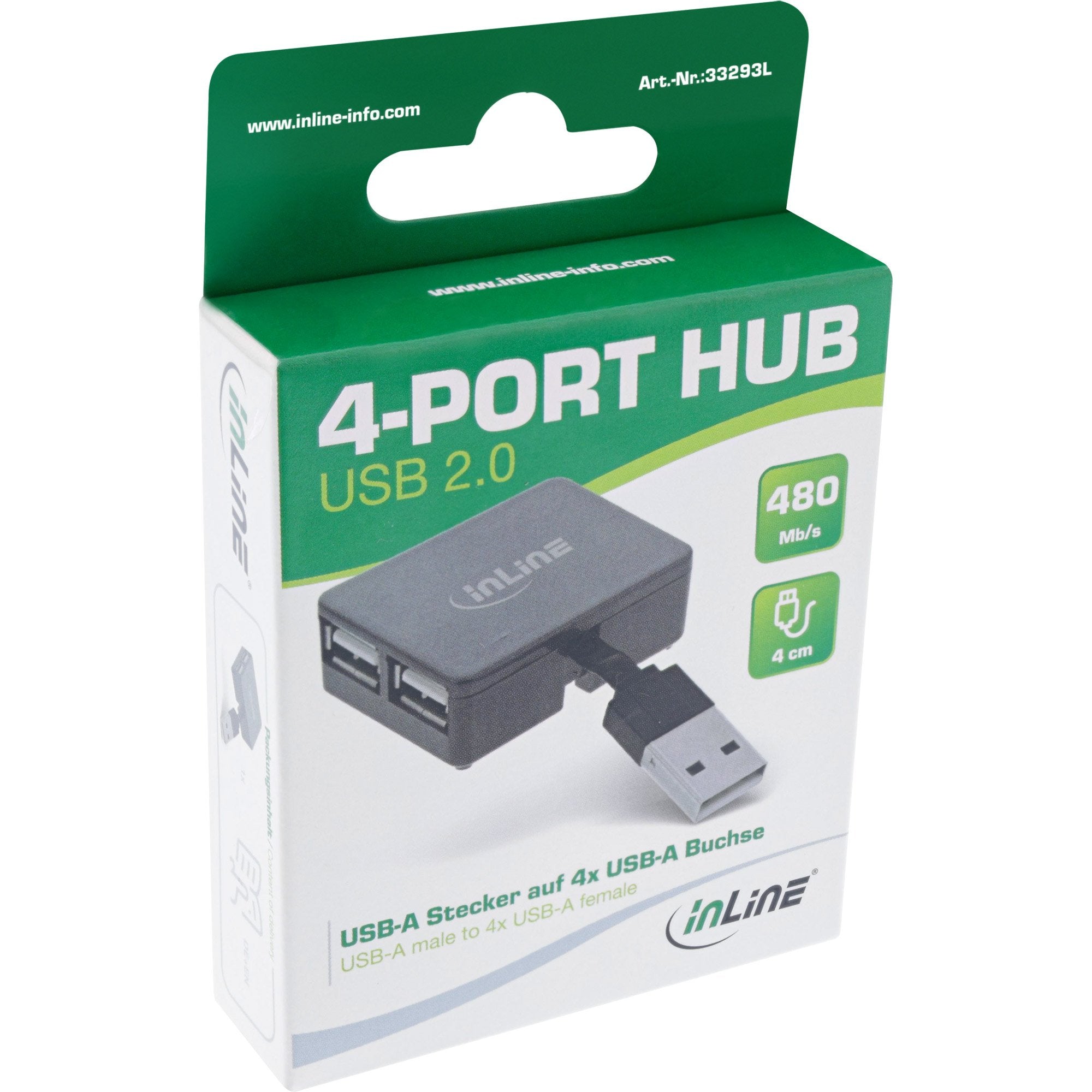 Inline® Usb 2.0 4-Port Hub, Usb-A Macho A 4x Usb-A Female, Black, 4cm, Slim Design