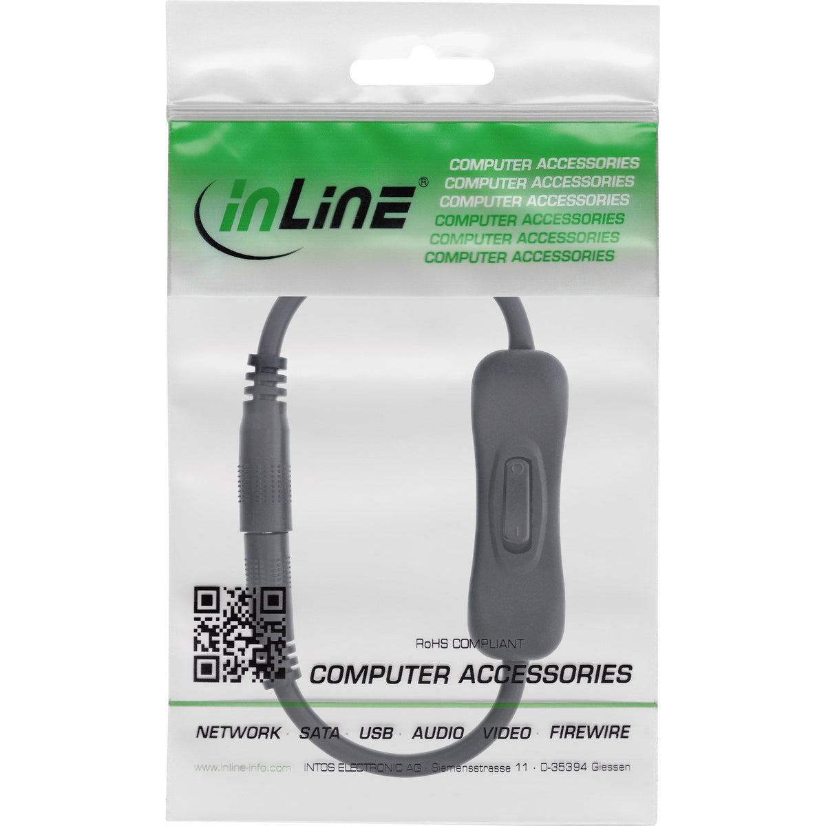 Inline® Dc Cable With Switch, Dc Male/Female 3.5x1.35mm, Awg 18, Negro, 0.20m